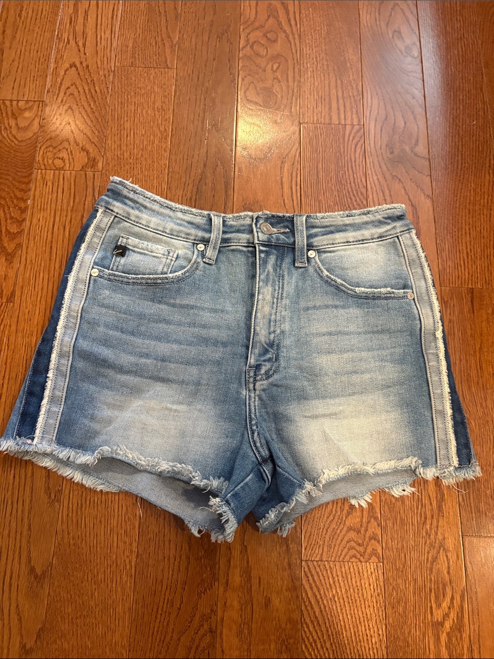 KanCan Light Wash Frayed Hem Denim Shorts with Side Panel